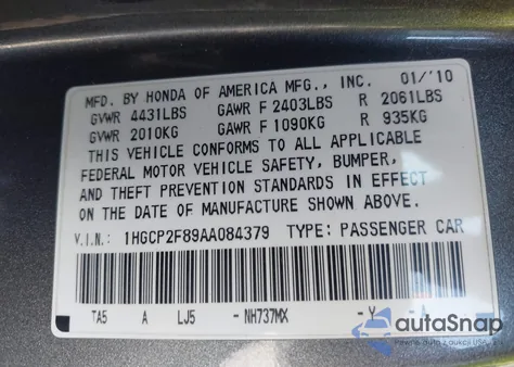 2010 Honda Accord Sdn 2.4 Ex-L z USA, uszkodzony, nr VIN 1HGCP2F89AA084379